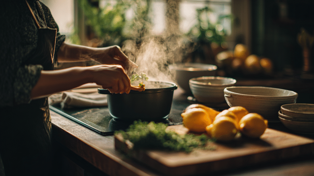 About 1 Hands stirring a steaming pot in a cozy home kitchen with herbs on a wooden board