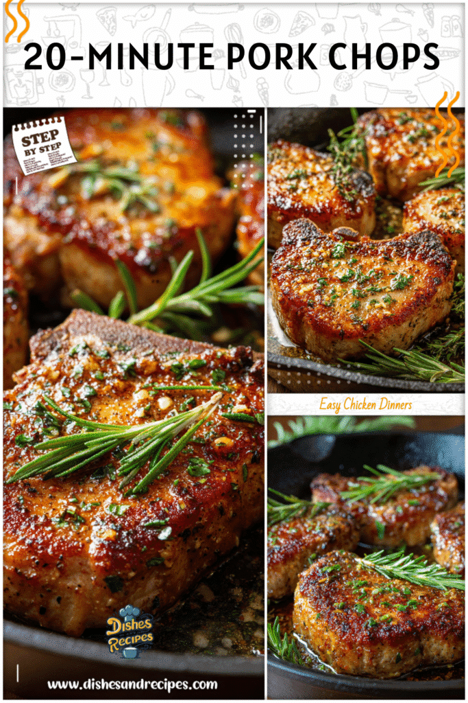 Crispy crusted pork chops in a cast iron skillet with garlic and rosemary.