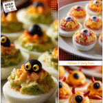31 Spooky Halloween Movie Night Snack Ideas 5 Deviled eggs styled as devil eyes on a white plate for scary party food.