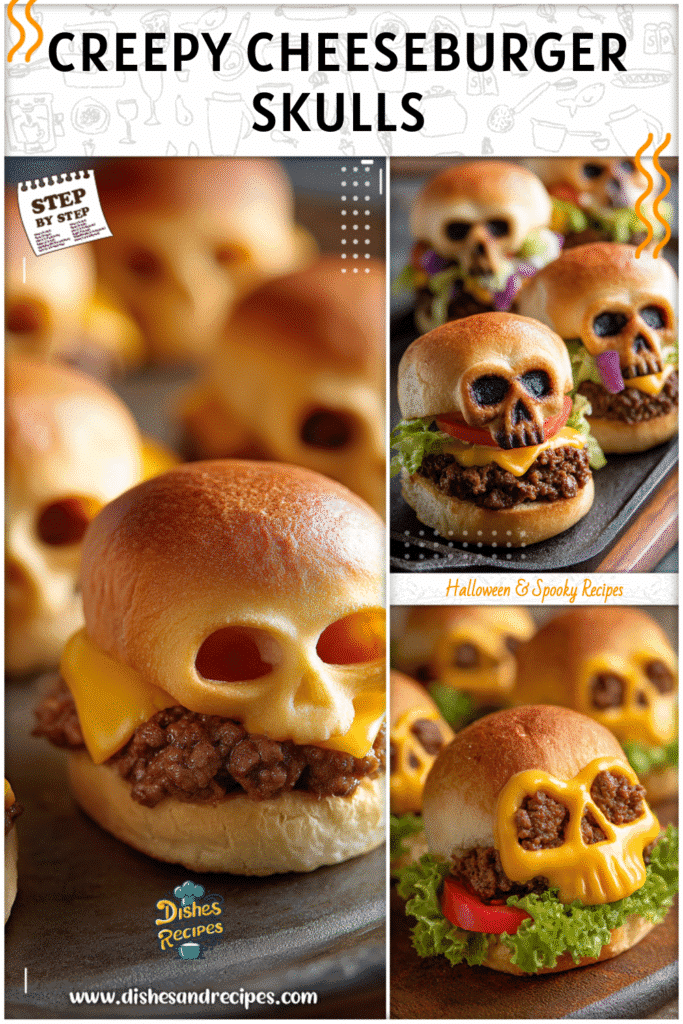 Cheeseburger skulls styled like Adams Family Food centerpiece with spooky Halloween buns
