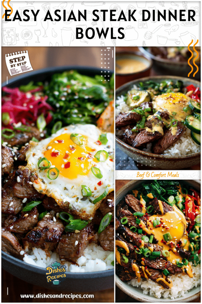 Home 8 Korean steak dinner bowl with rice and spicy creamy sauce styled for an Asian cooking theme.