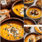 Autumn Stew Inspiration: Creamy Butternut Squash Soup 5 Creamy autumn stew style butternut squash soup served with rustic bread and garnish.