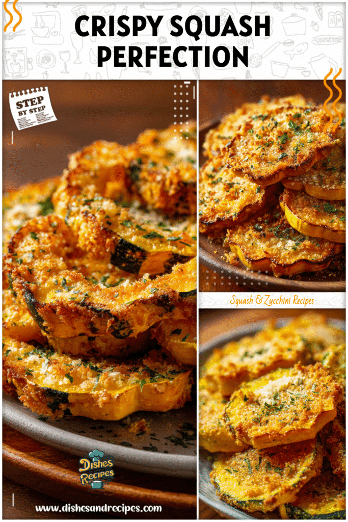 Home 29 Crispy Parmesan-topped squash slices sprinkled with herbs on a serving plate