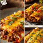 Best Supper Ideas: Cheesy Ground Beef Enchiladas 5 Best Supper Ideas featuring cheesy baked ground beef enchiladas on a rustic wooden table ready for serving.