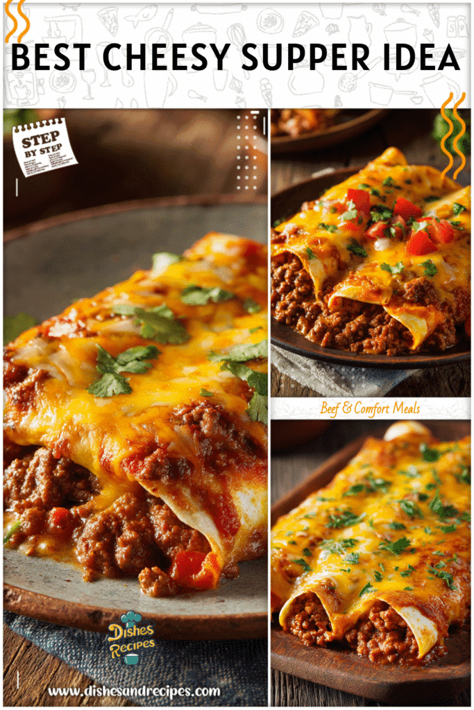 Best Supper Ideas featuring cheesy baked ground beef enchiladas on a rustic wooden table ready for serving.