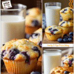 Blueberry Cottage Cheese Muffins: Healthy Sweets Idea 5 Blueberry cottage cheese muffins served with a glass of milk on a bright breakfast table.