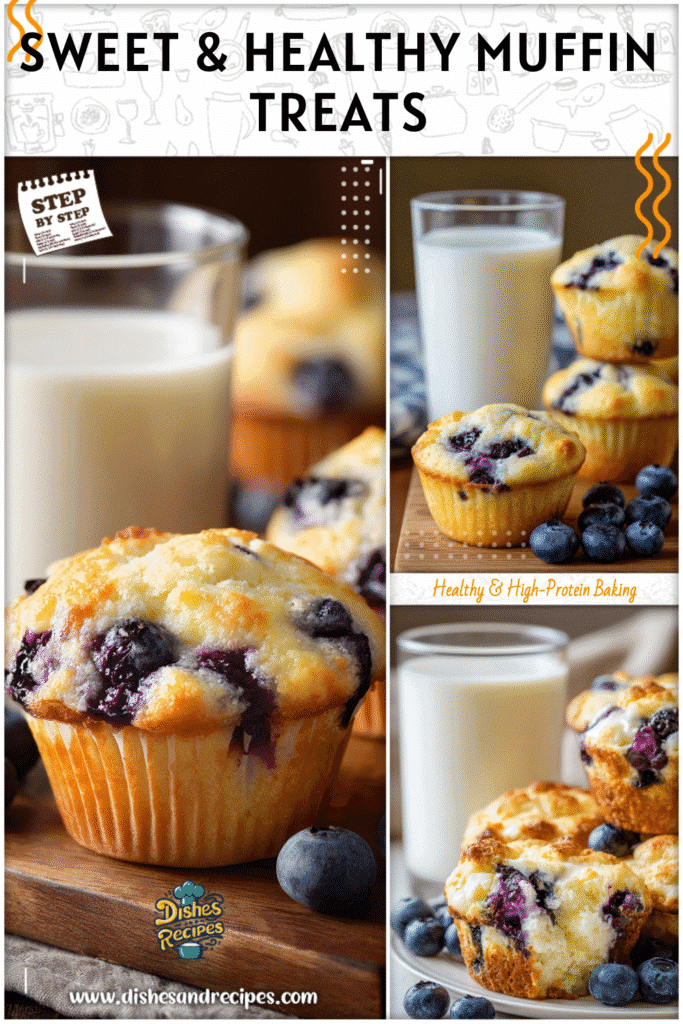 Home 32 Blueberry cottage cheese muffins served with a glass of milk on a bright breakfast table.