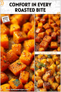 Baking sheet of oven roasted butternut squash cubes with brown sugar glaze
