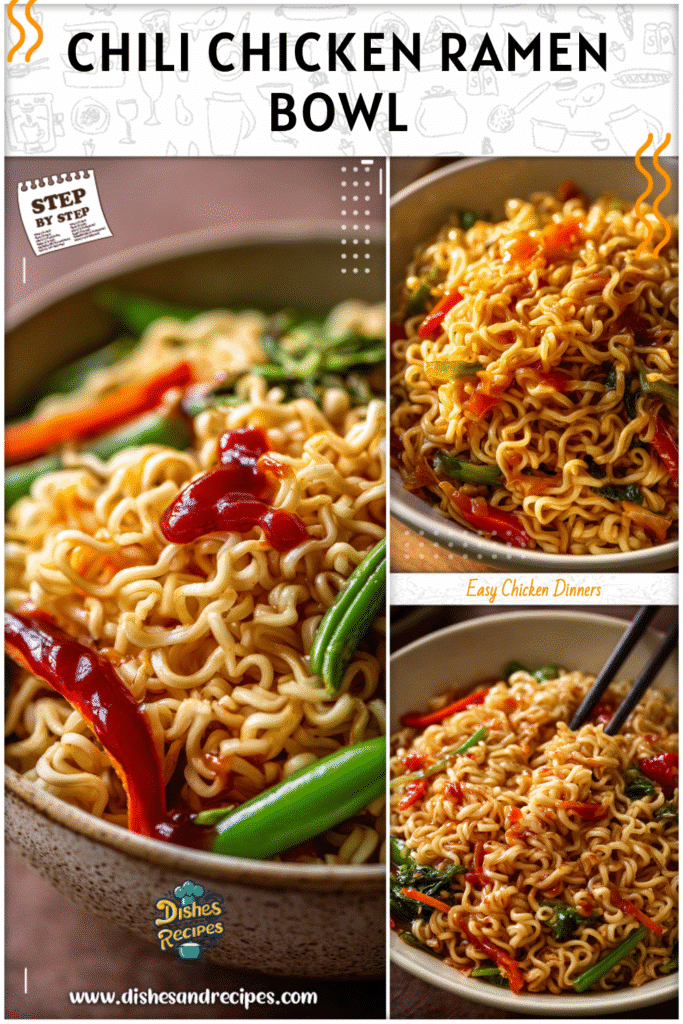 Home 8 Bowl of canned chicken ramen noodles topped with chili sauce and fresh vegetables.