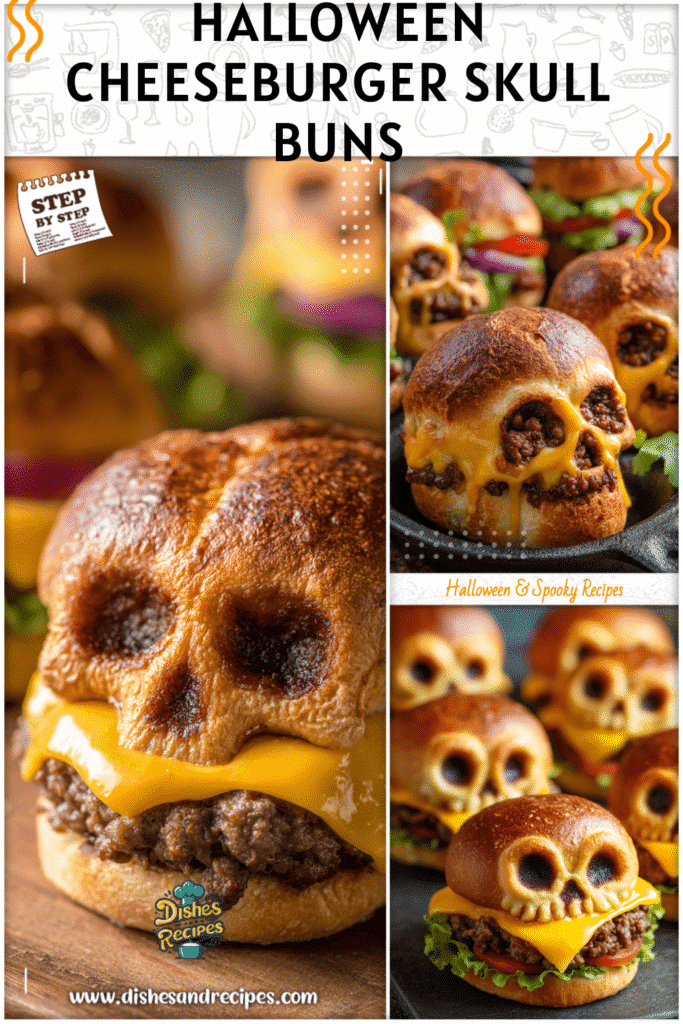 Home 20 Skull-shaped ground beef cheeseburgers baked into Halloween buns using a skull pan