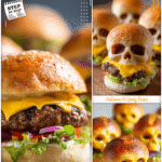 Cheeseburger Skulls on Spooky Buns | Halloween Dinner Fun 5 Cheeseburger skulls baked in skull pans and served on Halloween buns for a festive dinner Halloween idea.