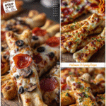 Cheesy Bone Breadsticks with Halloween Pizza Vibes 5 Cheesy bone-shaped breadsticks arranged next to pizza slices as Halloween pizza ideas.