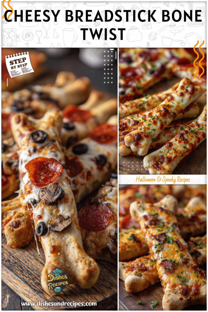 Home 14 Cheesy bone-shaped breadsticks arranged next to pizza slices as Halloween pizza ideas.