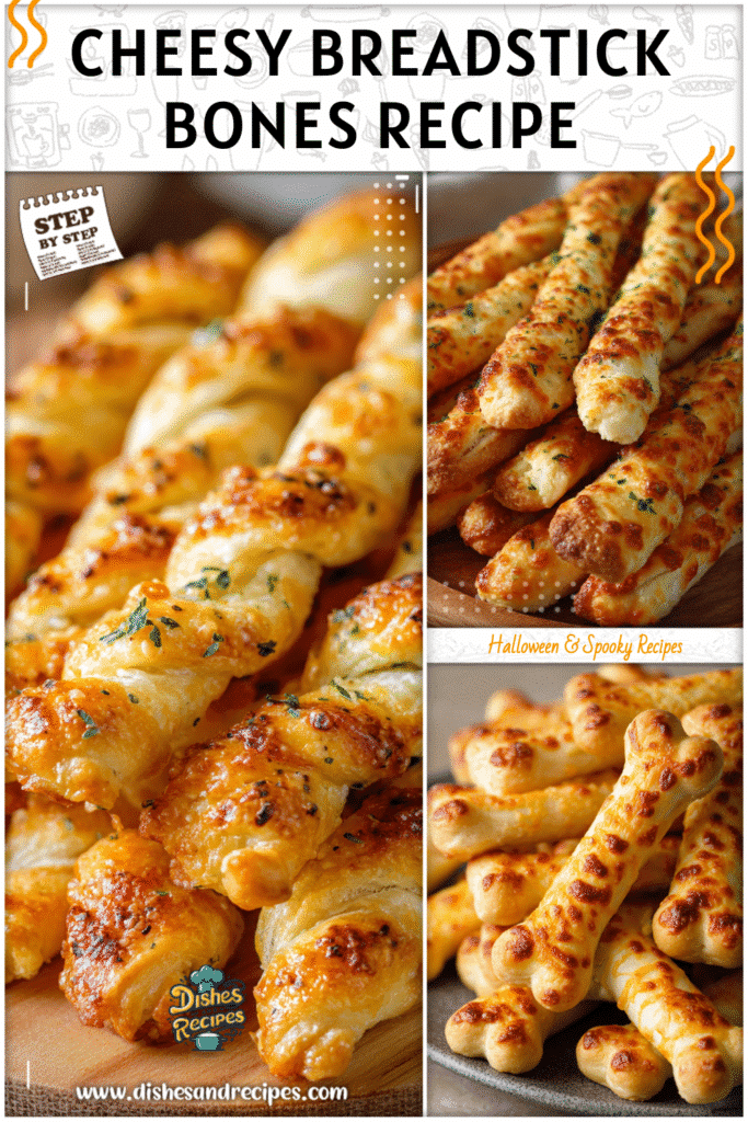 Home 12 Golden cheesy breadstick bones styled on a platter with dip for spooky appetizers for Halloween.