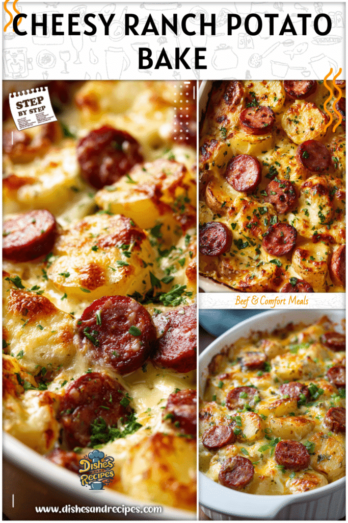 Home 31 Golden cheesy ranch potatoes baked with slices of smoked sausage in a hearty casserole dish.