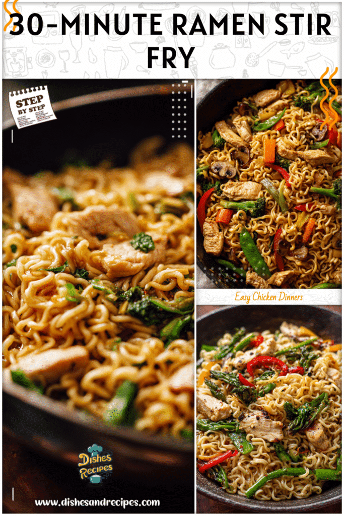 Home 33 Bowl of chicken ramen stir fry with vegetables and noodles served hot in under 30 minutes