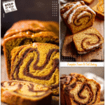 Golden pumpkin bread with cinnamon swirls sliced on a cutting board for dessert bread lovers.