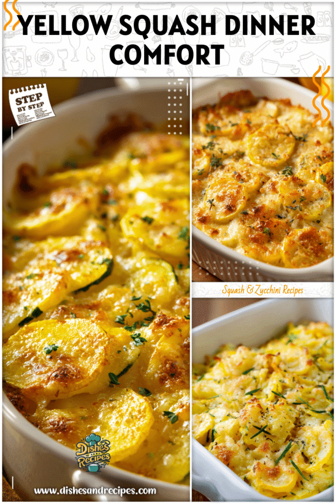 Yellow squash casserole with creamy cheesy layers served in a baking dish for dinner.