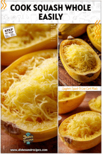 Whole roasted spaghetti squash cut open to reveal strands perfect for cooking spaghetti squash.