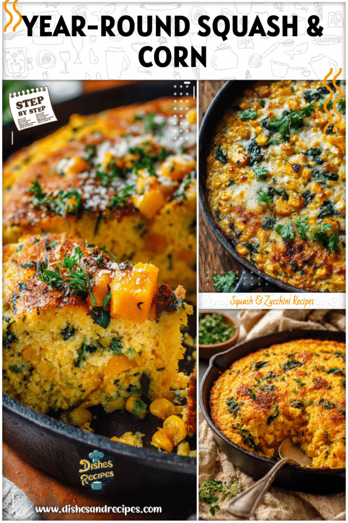 Home 36 Vibrant corn and squash casserole garnished with fresh herbs served in a cast iron pan