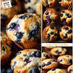 Cottage Cheese Recipes: Blueberry Muffins Packed with Protein 5 Overhead image of blueberry cottage cheese muffins cooling in a rustic baking tray on a kitchen counter.
