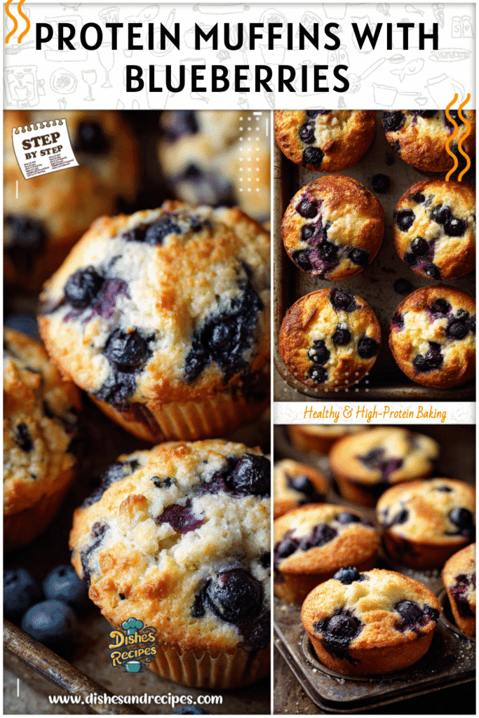 Home 29 Overhead image of blueberry cottage cheese muffins cooling in a rustic baking tray on a kitchen counter.