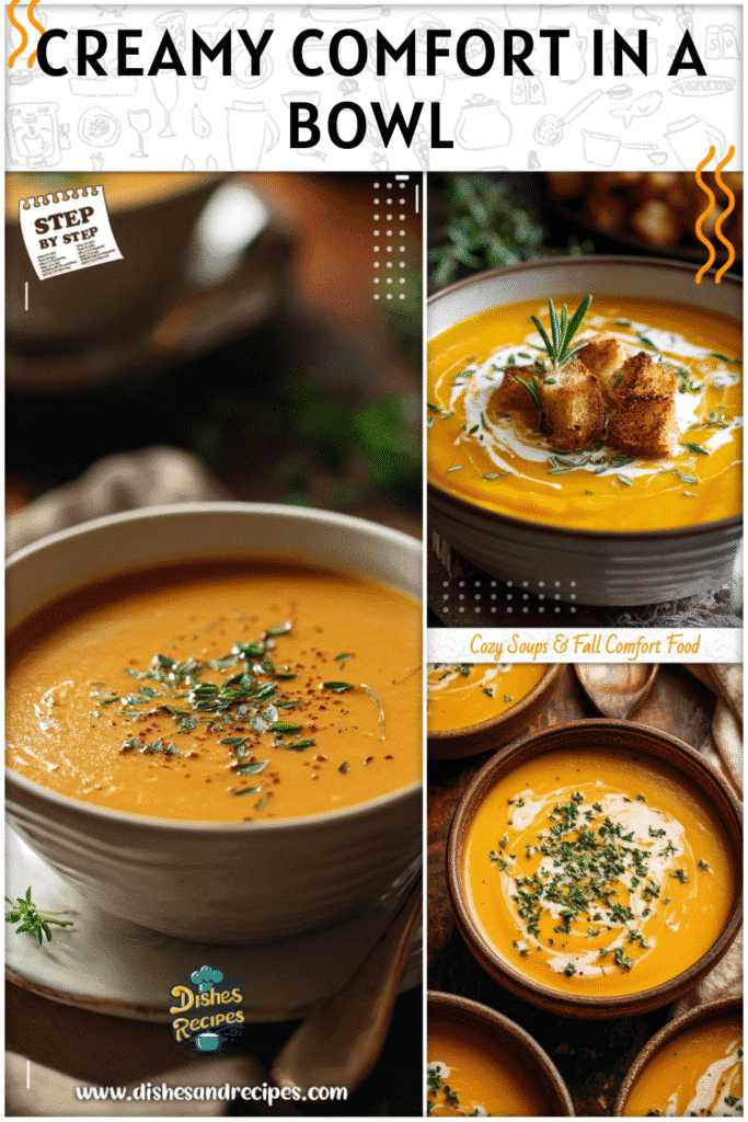 A bowl of creamy butternut squash soup topped with fresh herbs served on a rustic table
