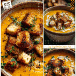 Creamy Roasted Squash Soup with Golden Croutons 5 Creamy roasted squash soup in a rustic bowl with toasted croutons and fresh herbs on top.