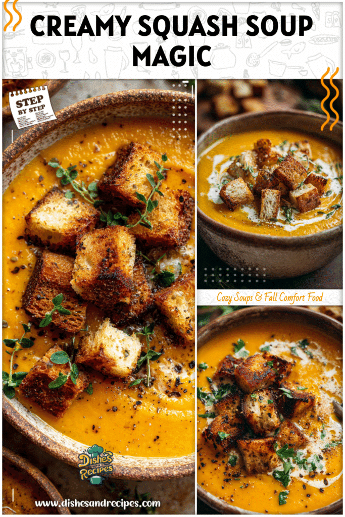 Creamy roasted squash soup in a rustic bowl with toasted croutons and fresh herbs on top.