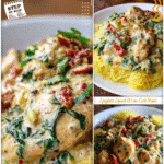 Creamy Tuscan Chicken With Spaghetti Squash 5 Tuscan chicken in creamy sauce paired with tender spaghetti squash on a white plate