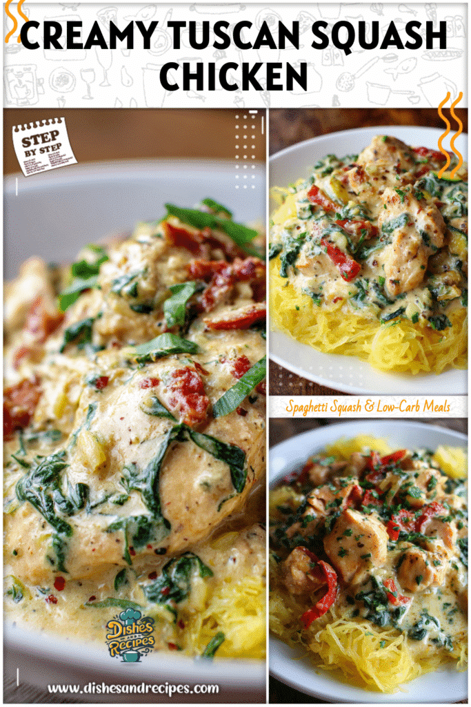 Tuscan chicken in creamy sauce paired with tender spaghetti squash on a white plate