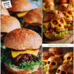 Creepy Cheeseburger Skulls | Recipes for Skull Pan Halloween 5 Close view of Recipes For Skull Pan cheeseburgers shaped like skulls served for Dinner Halloween.