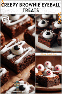 Home 5 Eyeball brownies with white icing set on a plate as Halloween Party Dessert Ideas For Adults.