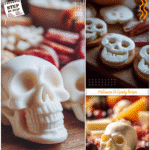 Creepy Mozzarella Skulls for Halloween Charcuterie Boards 5 Cheese skulls displayed on a cute Halloween charcuterie board alongside meats and spooky entrees