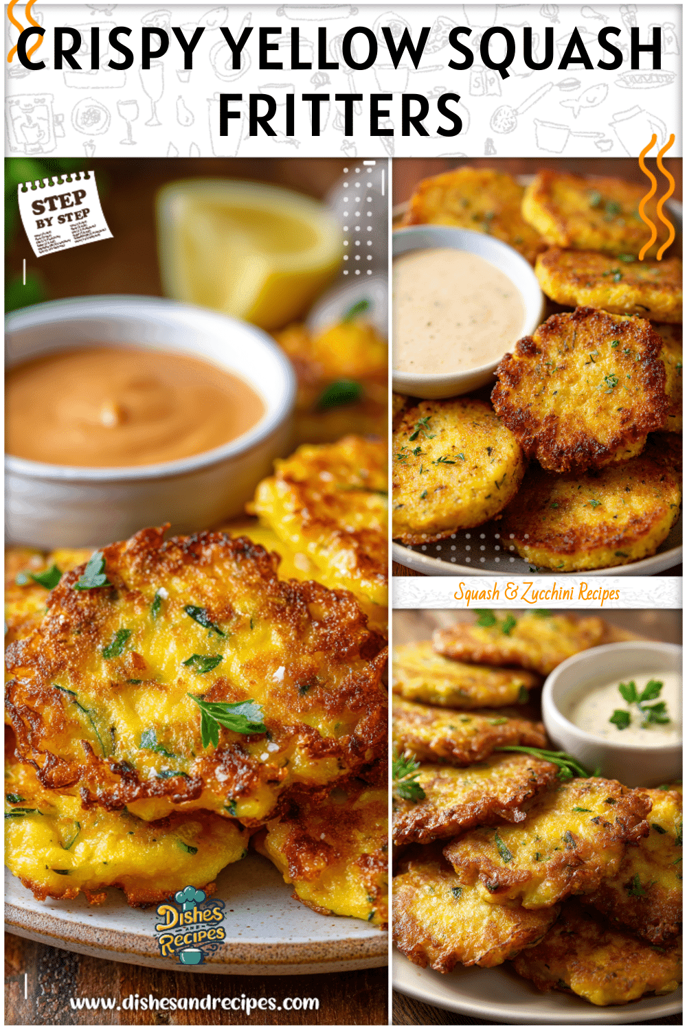 Plate of crispy parmesan yellow squash fritters served with a dipping sauce.