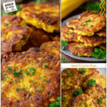 Crispy Squash Fritters Recipe With Summer Squash 5 Crispy golden squash fritters garnished with parsley on a serving plate.