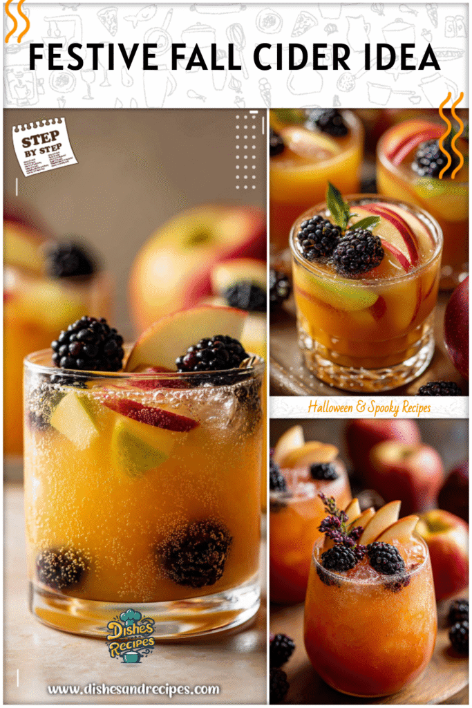 Festive glass of cute fall poisoned apple cider cocktail with blackberries and apples