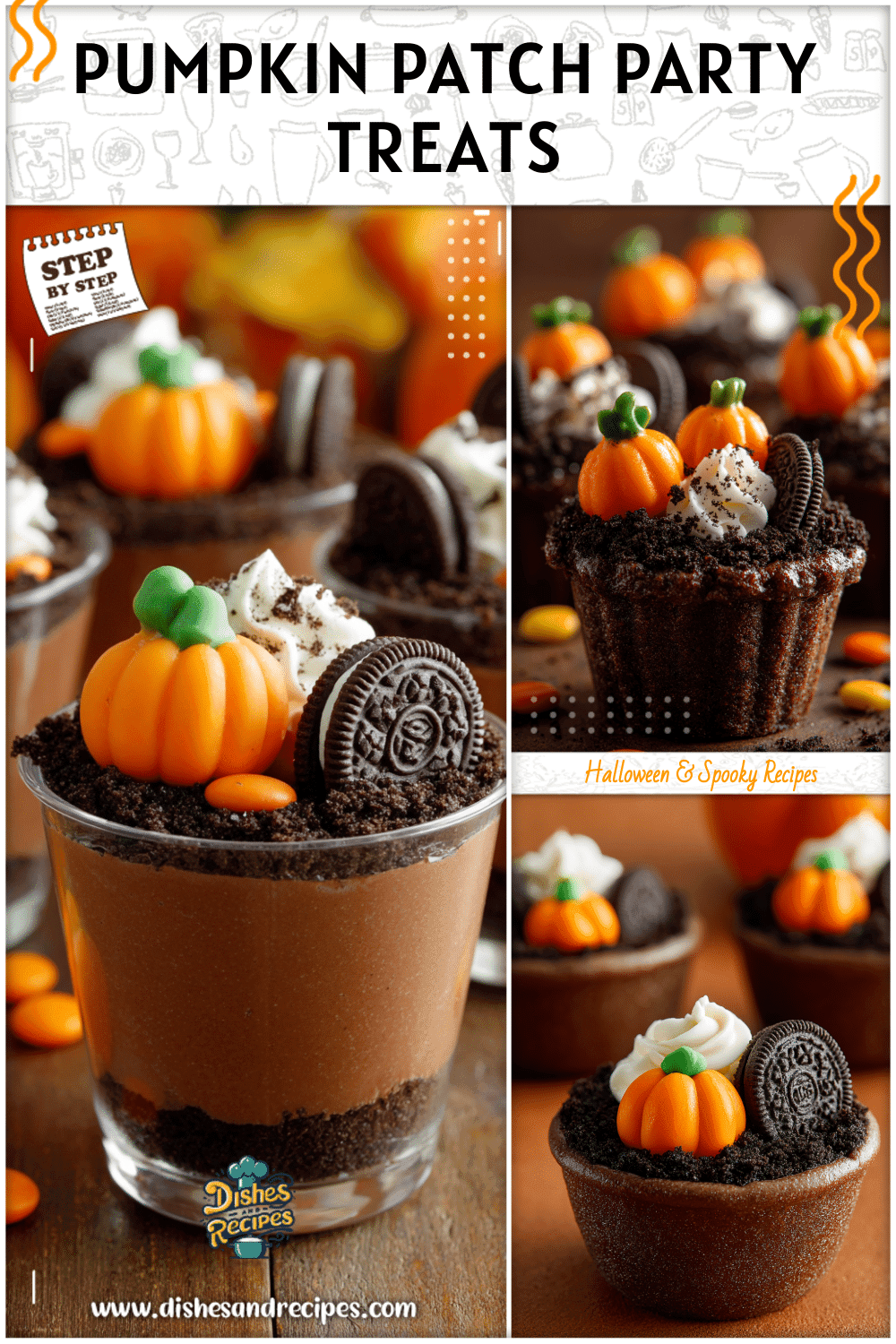 Pumpkin patch dirt cups with pudding, crushed cookies, and candy pumpkins for kindergarten Halloween parties.