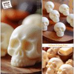 DIY Mozzarella Skulls: Creepy-Cute Food for Halloween 5 DIY mozzarella skulls arranged on a wooden board with cute Halloween charcuterie board details