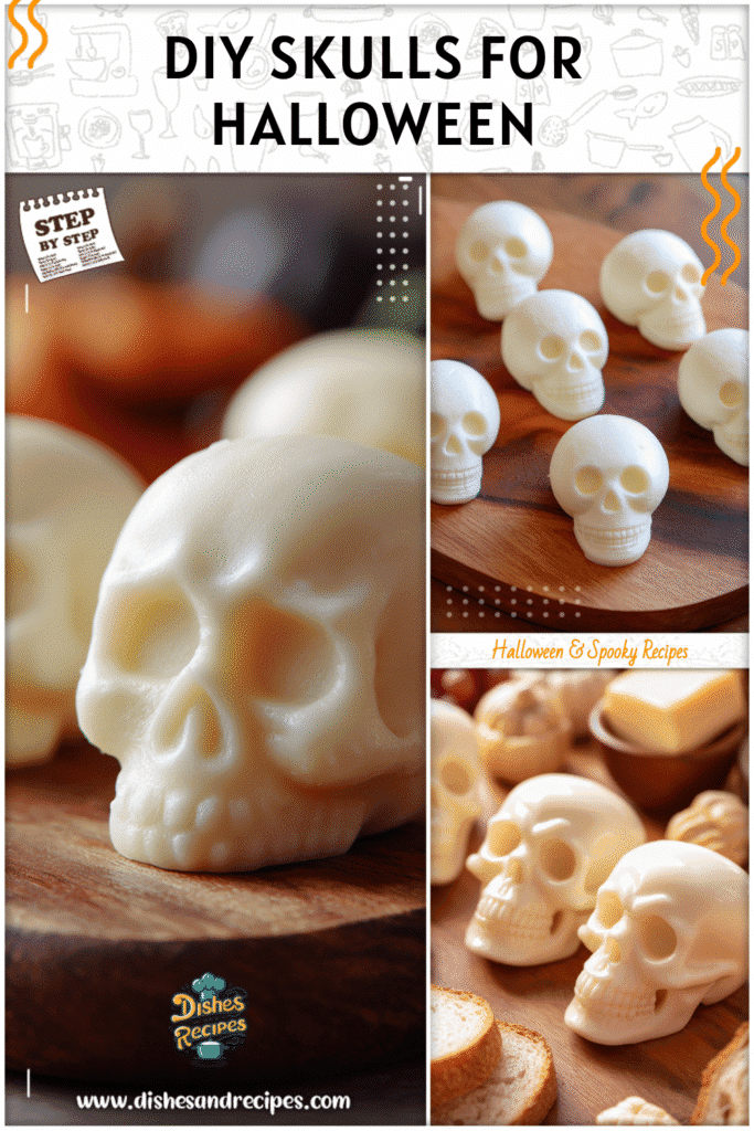 DIY mozzarella skulls arranged on a wooden board with cute Halloween charcuterie board details
