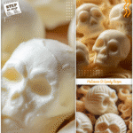 DIY Mozzarella Skulls for Halloween Themed Food Boards 5 Handmade mozzarella skulls placed next to pasta on a Halloween themed charcuterie board