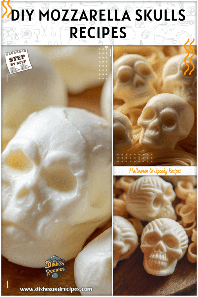 Home 32 Handmade mozzarella skulls placed next to pasta on a Halloween themed charcuterie board