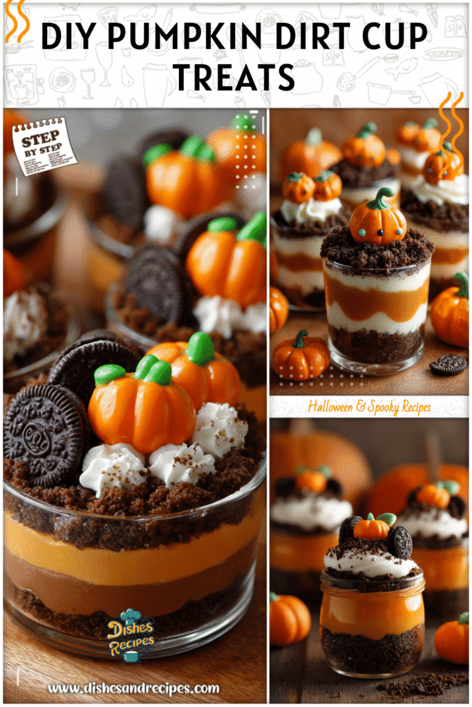 Home 30 Pumpkin patch Halloween dirt cups with layers of pudding, crushed cookies, and candy pumpkins.