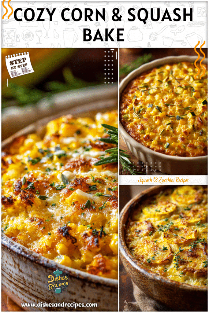 Home 7 Creamy corn and squash casserole baked golden brown in a rustic dish with herbs on top