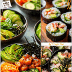 Delicious Lunch Meal Prep: California Sushi Bowls 5 Meal prep bowls filled with sushi rice, crab sticks, avocado, cucumber, and nori strips for California rolls.