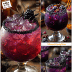 Drunk Witch: Spooky Halloween Cocktails to Try 5 A purple witchy alcoholic drink in a spooky cocktail glass garnished with black sugar rim and eerie decorations.