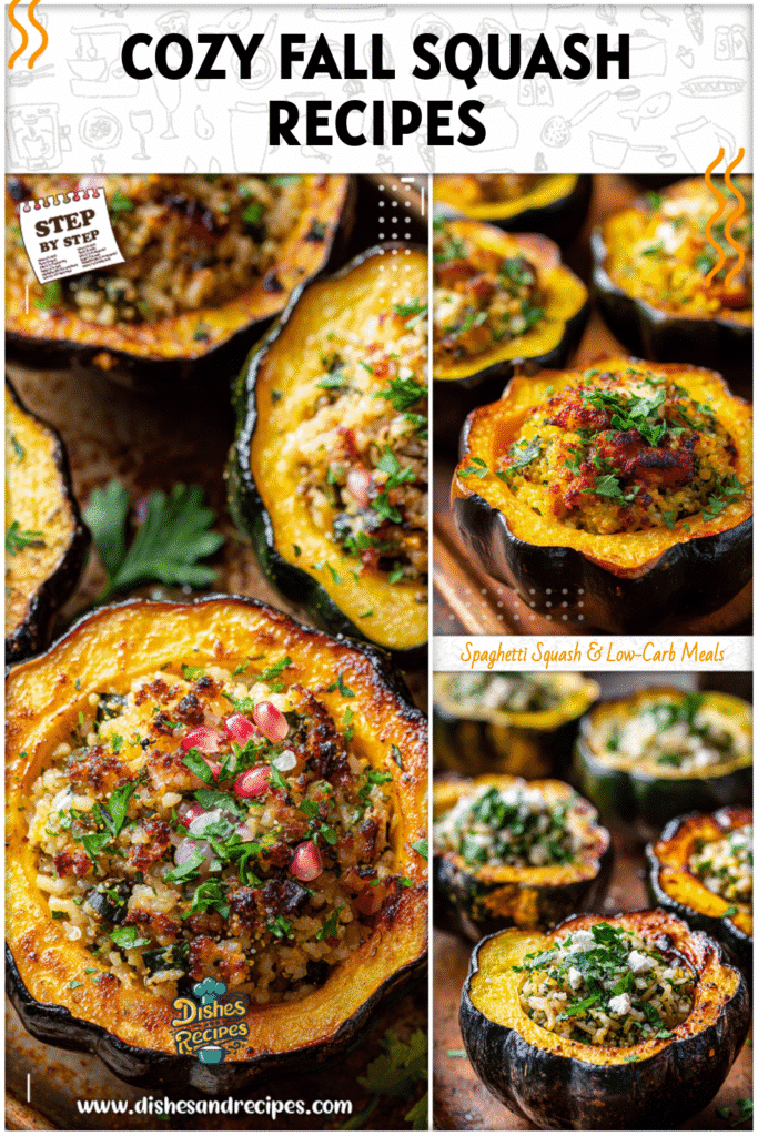 An assortment of acorn squash recipes including stuffed variations with quinoa, rice, and herbs perfect for fall dinners.