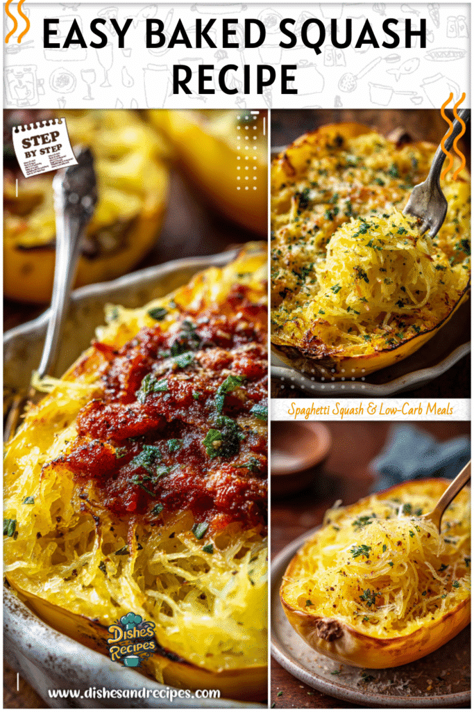 Golden baked spaghetti squash strands served with herbs and savory toppings on a rustic dish