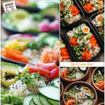 Easy Bento Box Recipes: California Roll Bowls 5 Bento box containers filled with colorful California roll sushi bowls featuring fresh vegetables and rice.