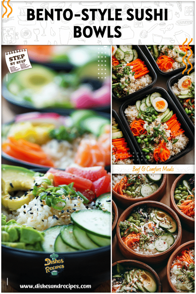 Home 9 Bento box containers filled with colorful California roll sushi bowls featuring fresh vegetables and rice.